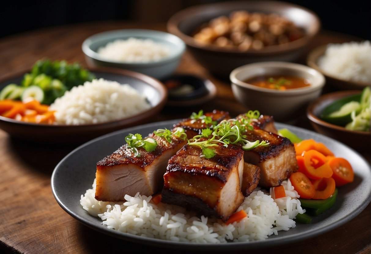 A sizzling pork belly dish is being placed on a wooden serving platter next to a bowl of steamed rice and a side of pickled vegetables