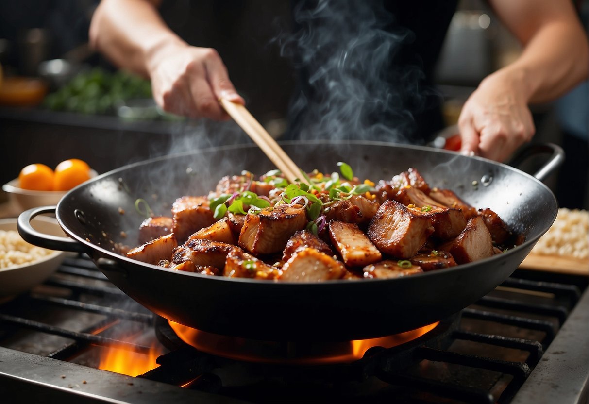 A sizzling wok tosses marinated pork belly with aromatic Chinese spices, creating a mouthwatering aroma in a bustling kitchen