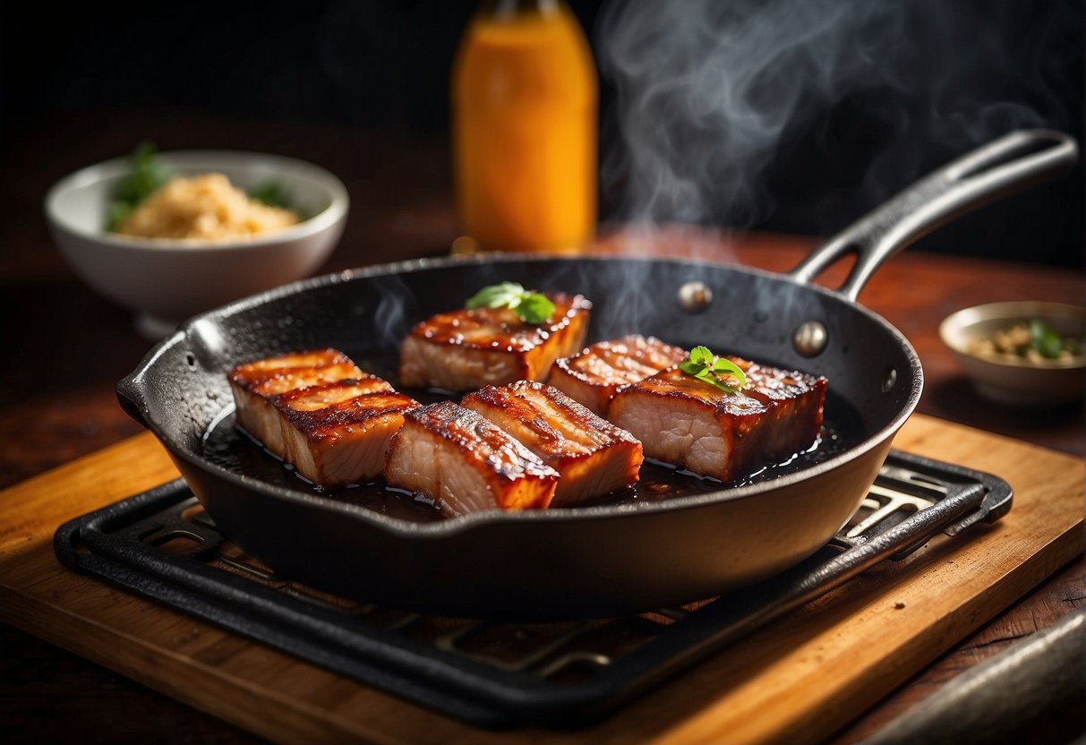 Sizzling pork belly coated in Chinese 5 spice, caramelizing in a hot skillet, emitting a fragrant aroma