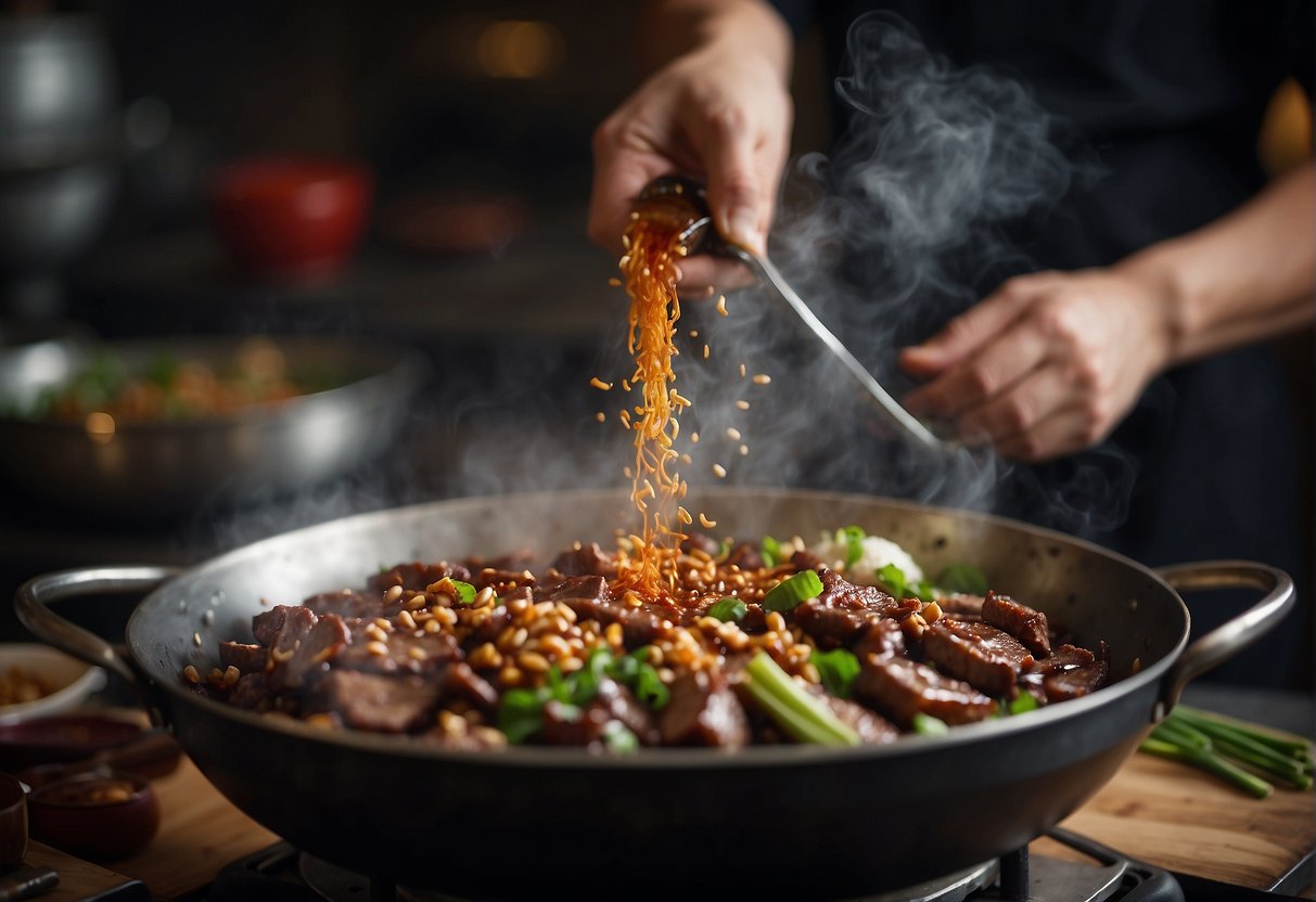 A wok sizzles as pork blood is added to a bubbling mixture of soy sauce, ginger, and garlic. Steam rises as the ingredients meld together in a traditional Chinese recipe