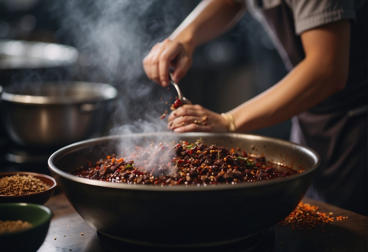 Pork blood being added to a bubbling pot of aromatic Chinese spices and herbs, creating a rich and savory base for traditional Chinese cuisine
