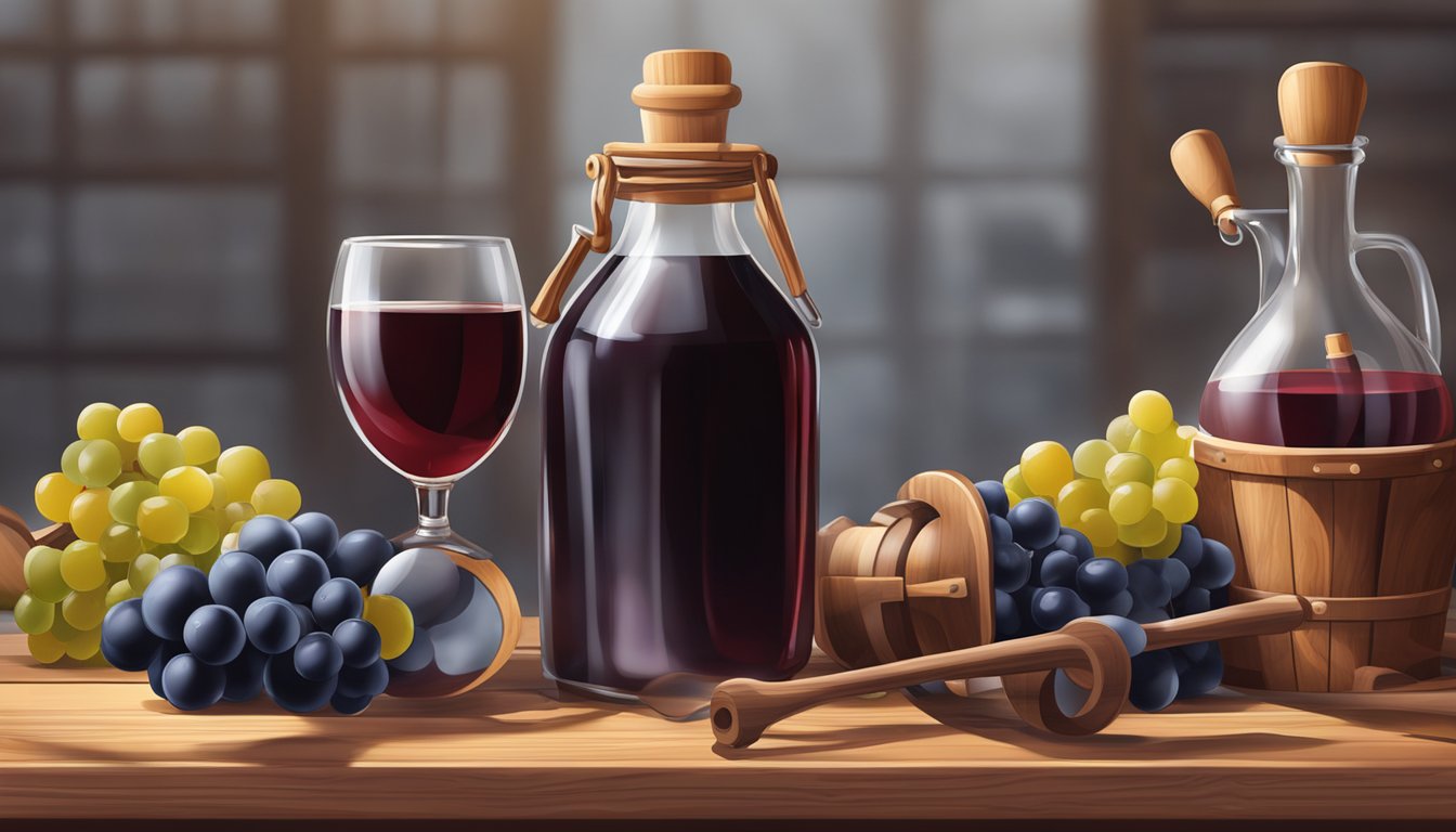 A glass jar filled with red wine lees sits on a wooden table, surrounded by various wine-making tools and equipment