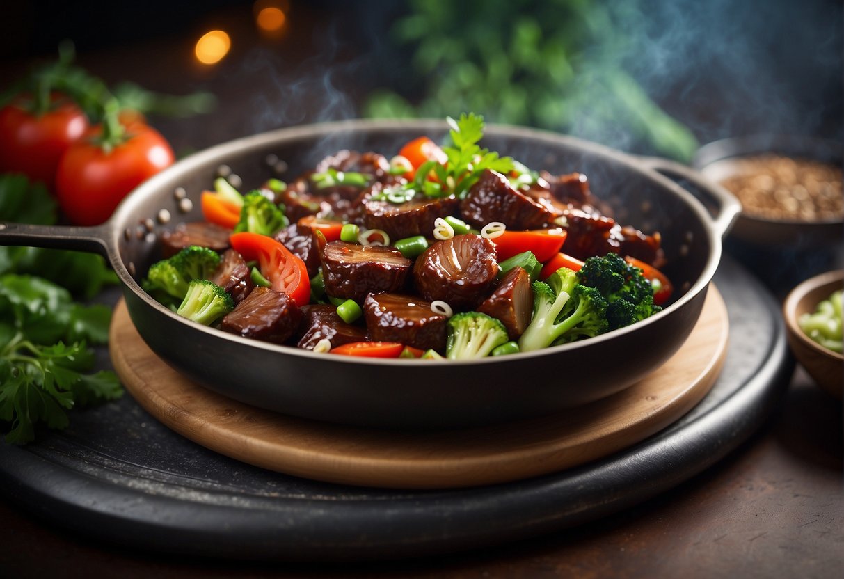 A sizzling pan of pork blood stir-fry with vibrant Chinese spices, surrounded by fresh vegetables and herbs, evoking the health benefits of this traditional dish