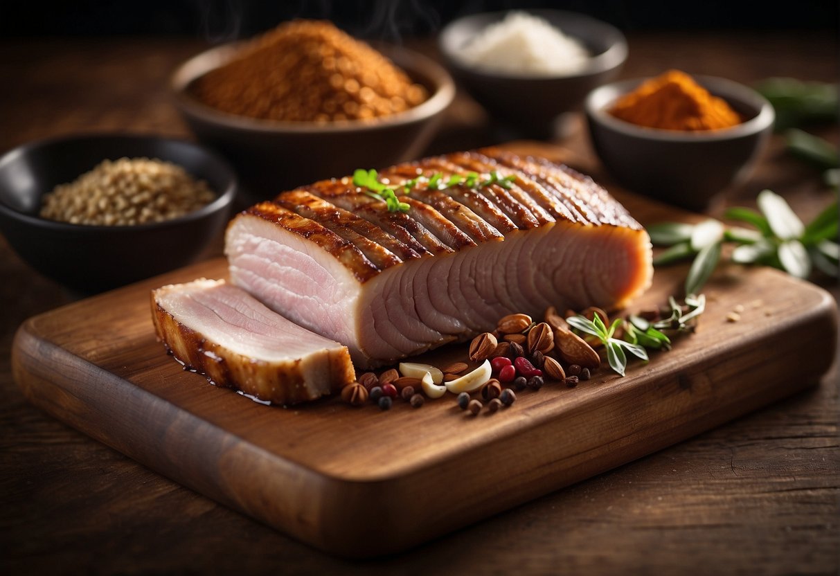 A pork belly sits on a cutting board surrounded by Chinese 5 spice, garlic, and ginger. A chef's knife hovers above, ready to slice