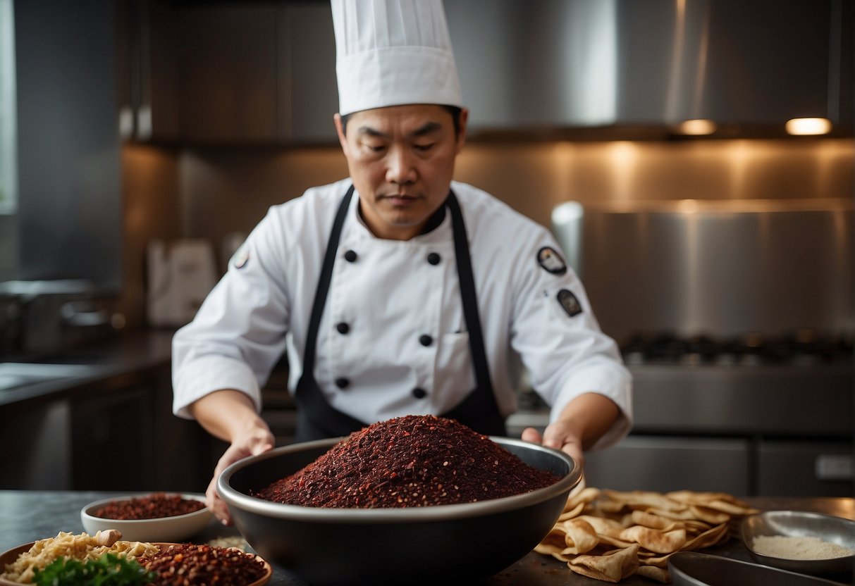 A chef mixes pork blood with seasonings in a large bowl, preparing for a traditional Chinese pork blood recipe