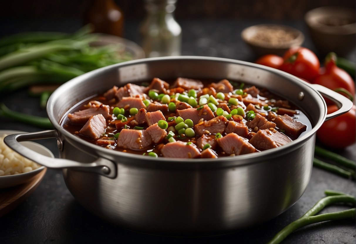 A pot simmering with pork blood, soy sauce, and spices. Chopped green onions and ginger nearby