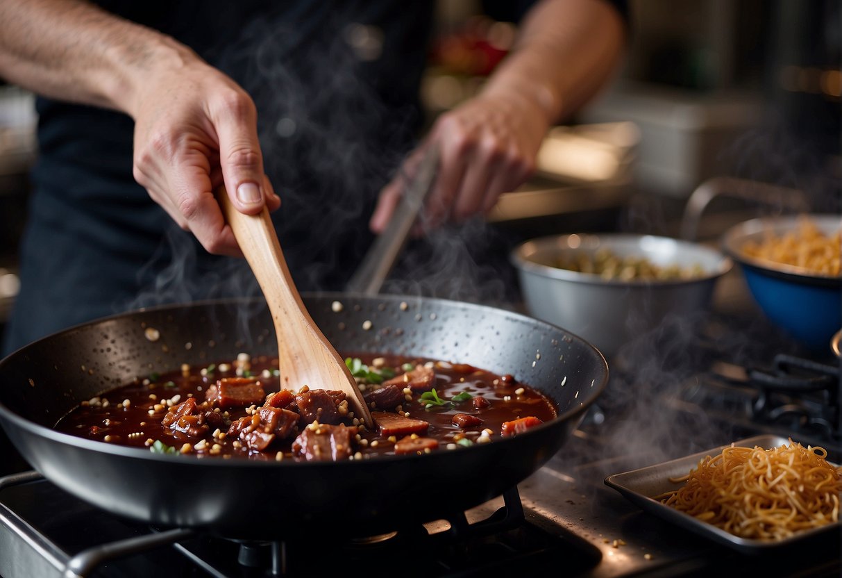 Pork blood being mixed with soy sauce and spices in a wok over high heat. A chef's hand holding a wooden spoon stirring the mixture