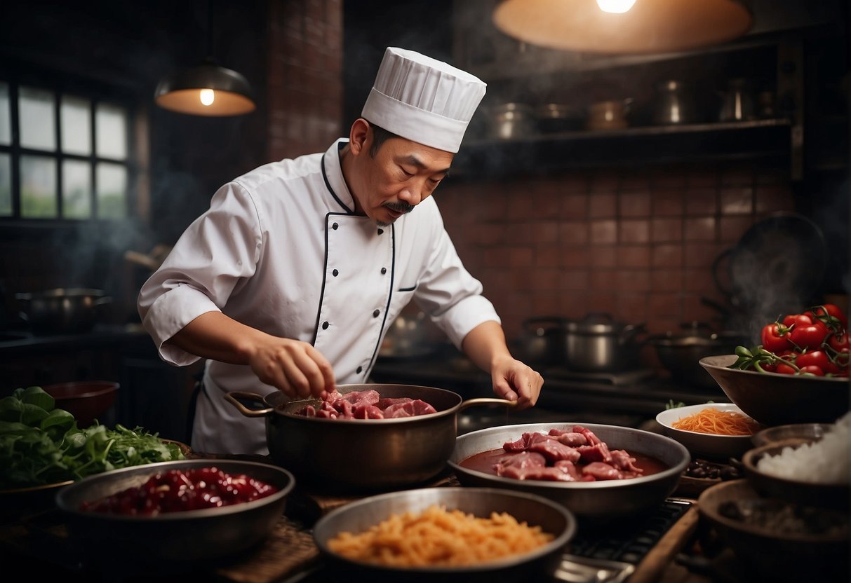 A chef pouring pork blood into a traditional Chinese cooking pot, surrounded by various ingredients and utensils