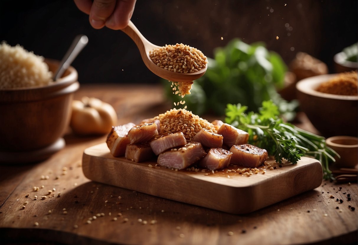 A hand sprinkles Chinese 5 spice over a slab of pork belly on a cutting board. Ingredients and utensils are laid out on the counter