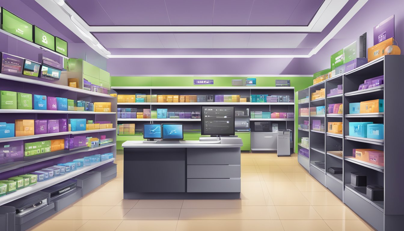 An electronic store with shelves of BenQ products, a customer service desk, and a "Frequently Asked Questions" sign