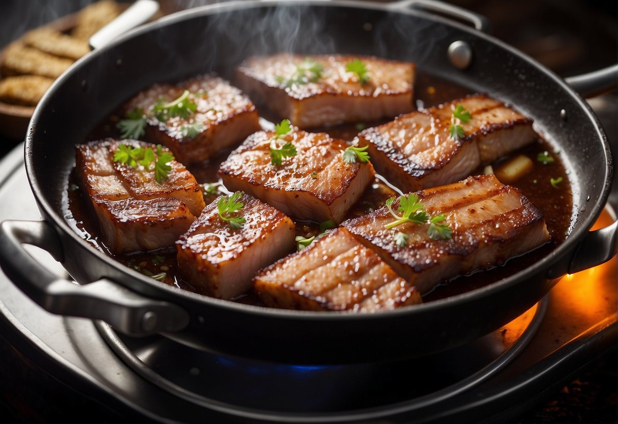 Pork belly sizzling in a hot pan with aromatic Chinese five spice, creating a mouthwatering aroma