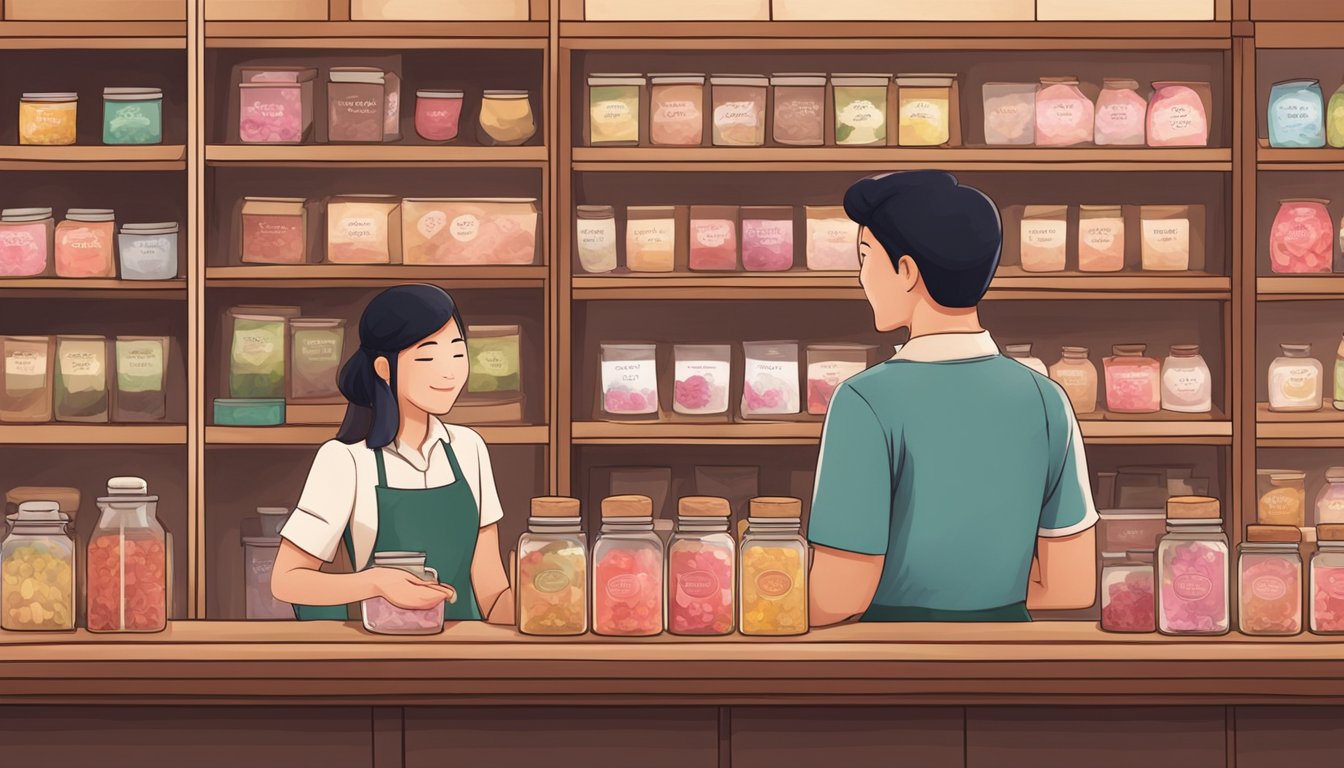 A quaint tea shop in Singapore displays various rose tea blends on wooden shelves. A friendly salesperson assists a customer in choosing the perfect blend