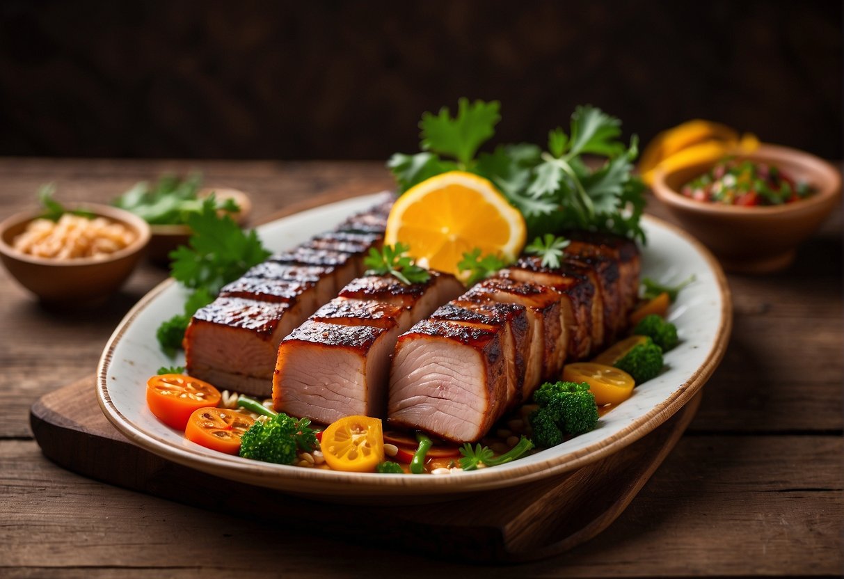 A platter of glistening Chinese 5 spice pork belly, adorned with vibrant garnishes, sits atop a rustic wooden table, exuding tantalizing aromas