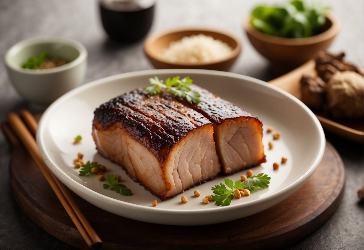 Pork belly, Chinese 5 spice, and nutritional information arranged on a clean, white surface