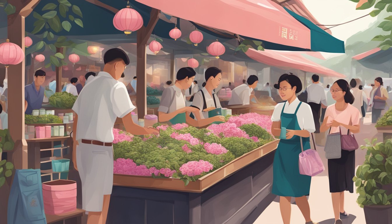 A bustling Singapore market stall showcases fragrant rose tea, attracting curious passersby