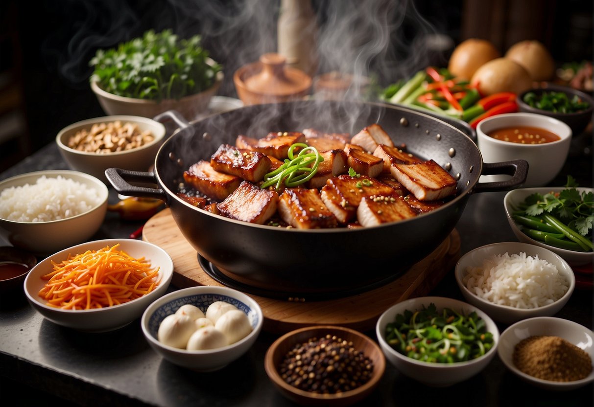 A sizzling pork belly cooks in a wok with aromatic Chinese five spice, surrounded by bowls of ingredients and utensils on a kitchen counter