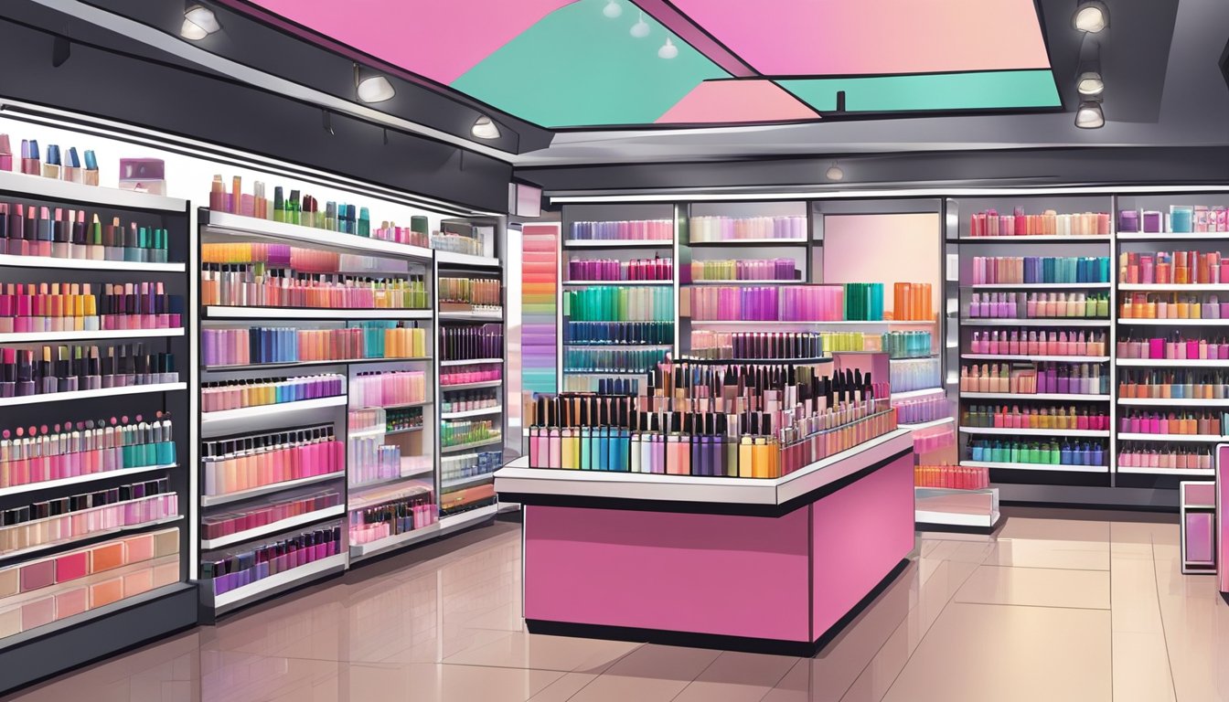 A bustling makeup store in Singapore displays a variety of Colorpop products on sleek shelves, with bright, eye-catching packaging