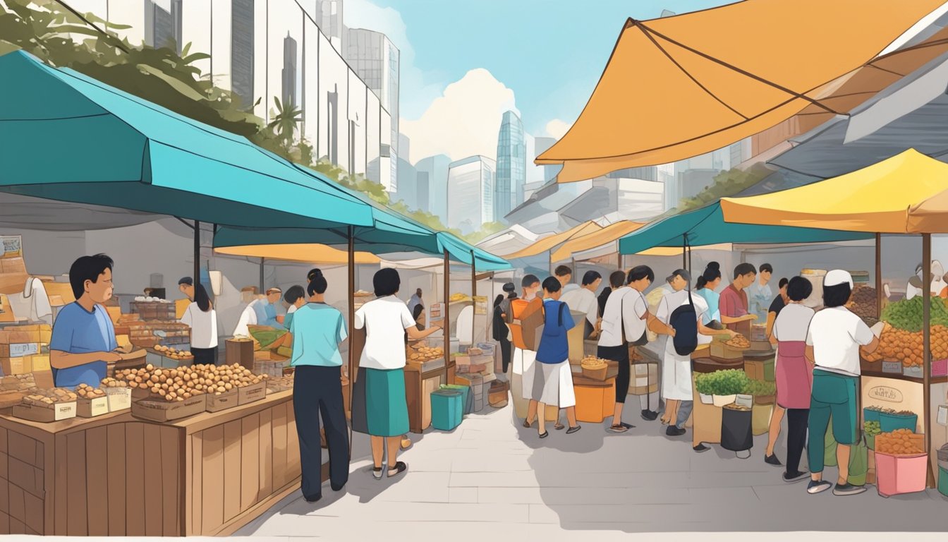 A bustling street market in Singapore, with colorful stalls selling aromatic coffee hocks. Customers browse and sample the various blends, while vendors busily grind and package the beans