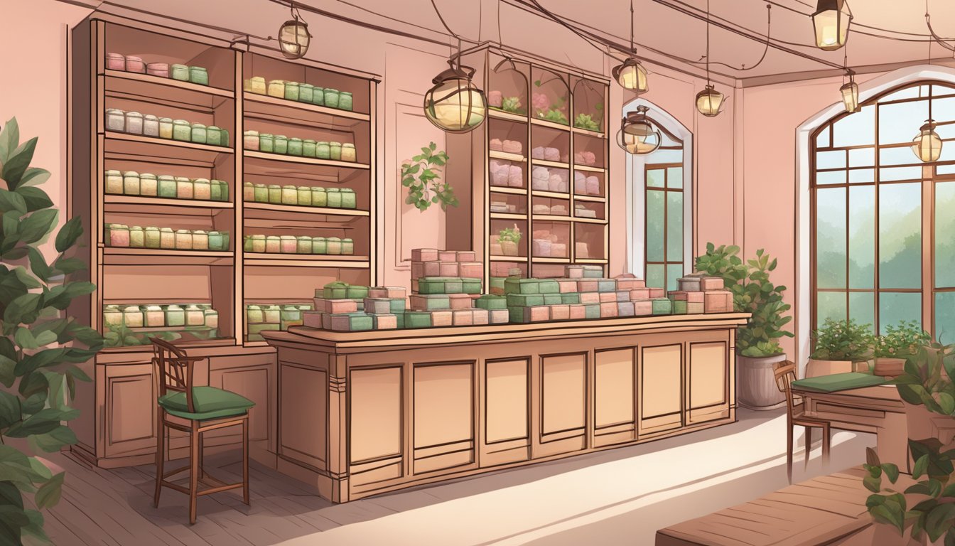 A serene tea shop with shelves of fragrant rose tea boxes, a cozy seating area, and a soothing ambiance
