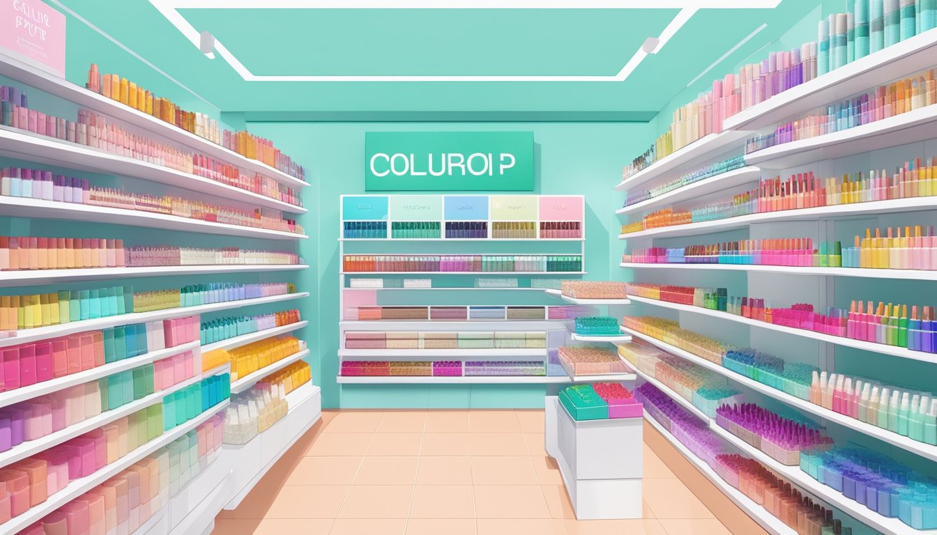 Vibrant display of ColourPop products in a Singaporean beauty store. Brightly colored cosmetics arranged neatly on shelves with a logo prominently displayed