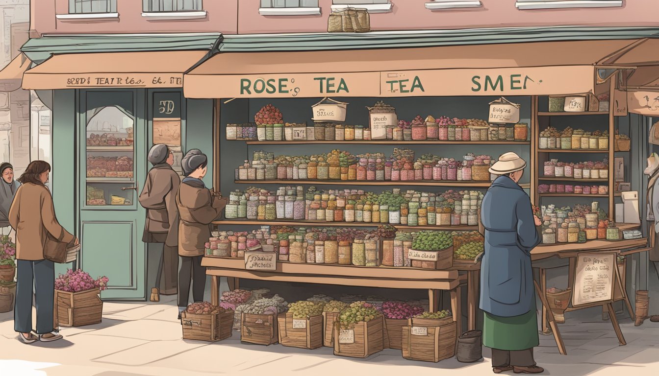 A bustling market stall displays various types of tea, with a prominent sign advertising "Rose Tea." Shoppers browse the selection, while the vendor answers questions about the product