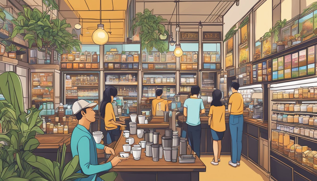 Customers exploring various coffee hock locations in Singapore, with colorful displays and enticing aromas