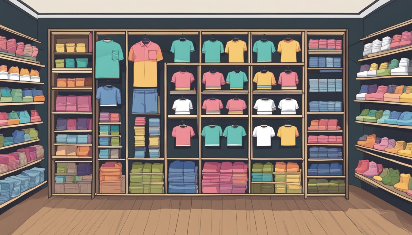 A colorful display of couple tees in a trendy Singapore boutique, with shelves neatly arranged and various designs and sizes available