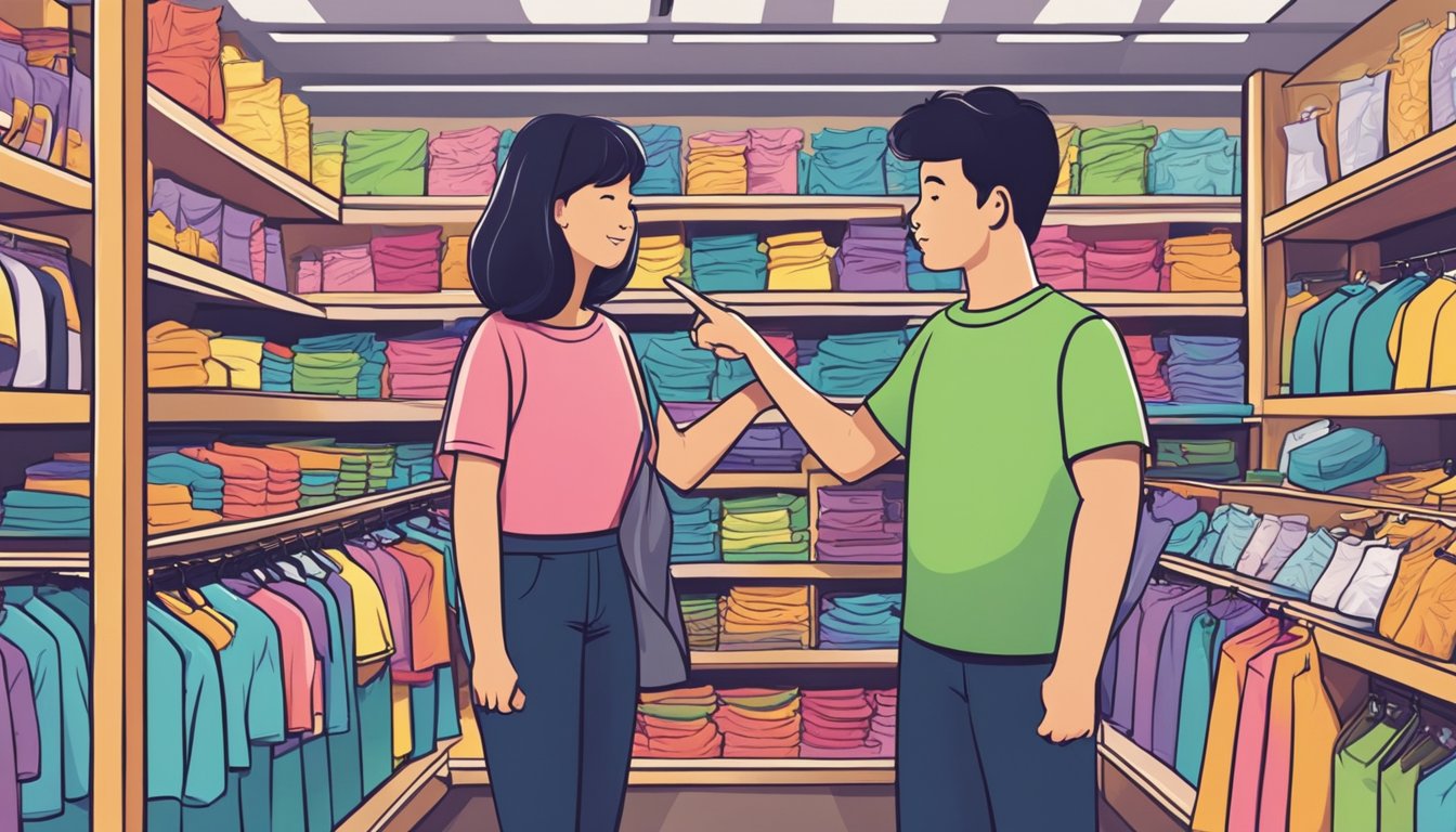A couple stands in a colorful t-shirt store in Singapore, pointing at various designs and discussing their options. The shelves are filled with matching tees in different styles and sizes