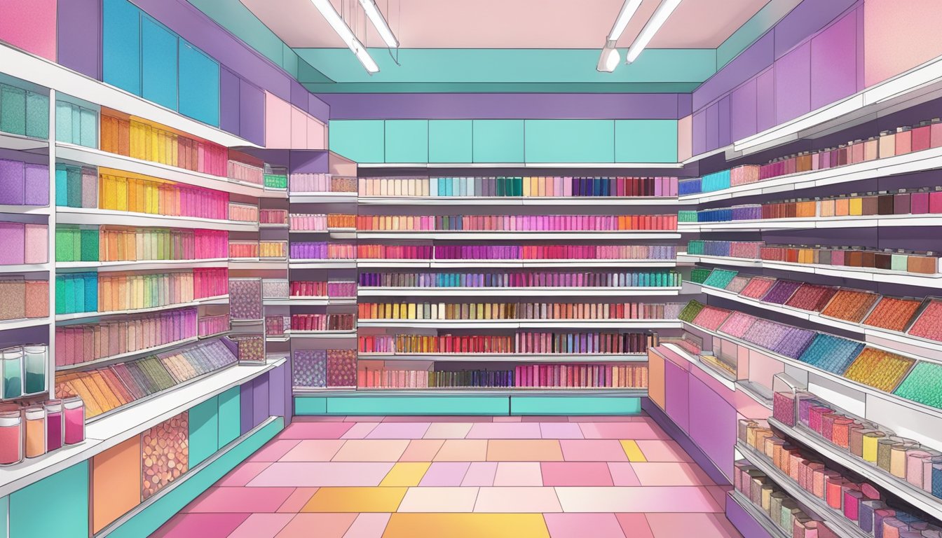 Vibrant display of ColourPop products at a Singapore store, with shelves full of colorful makeup palettes, lipsticks, and eyeshadows