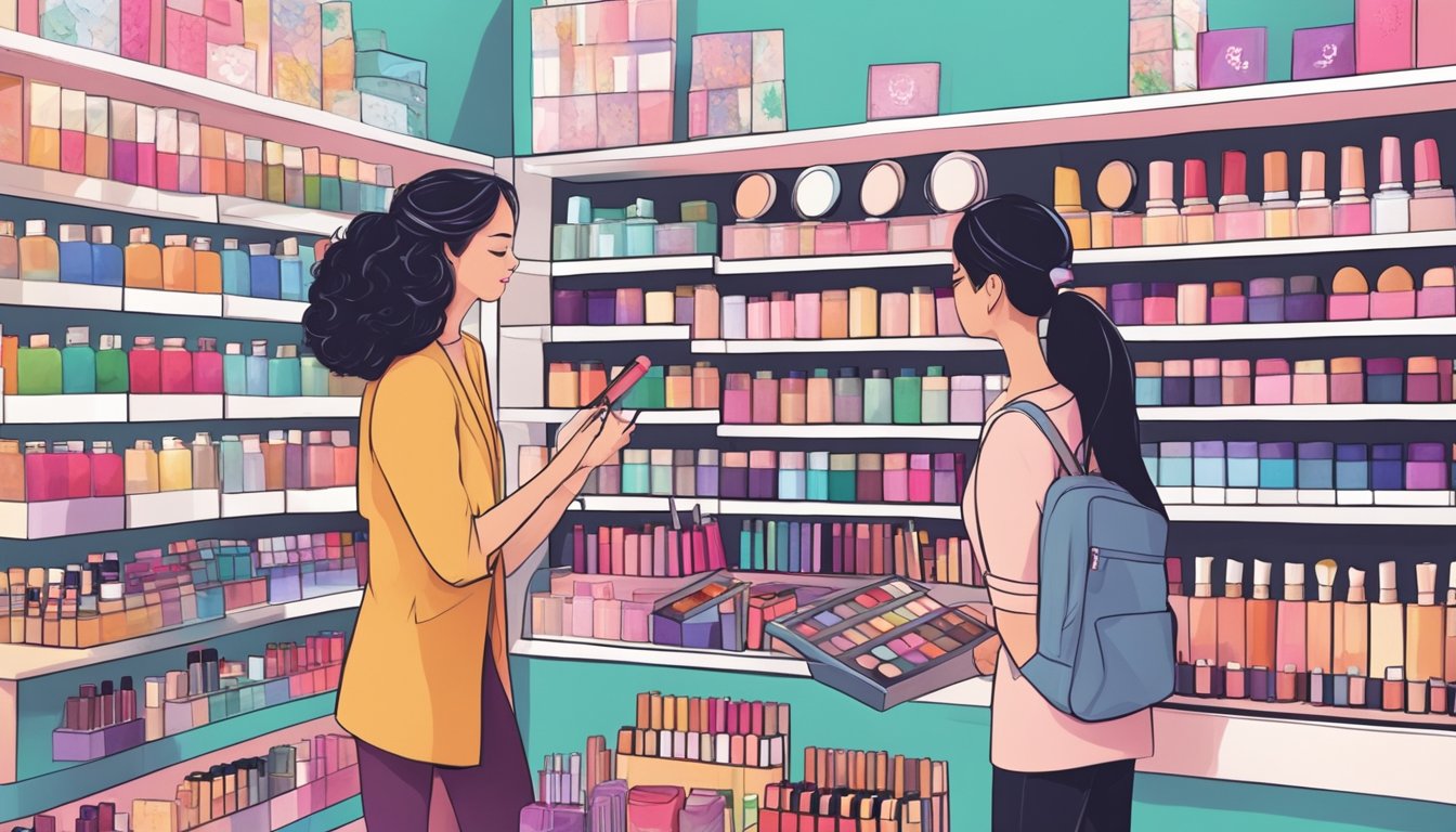 A bustling makeup store in Singapore, shelves lined with vibrant Colourpop products, customers browsing and asking staff for assistance