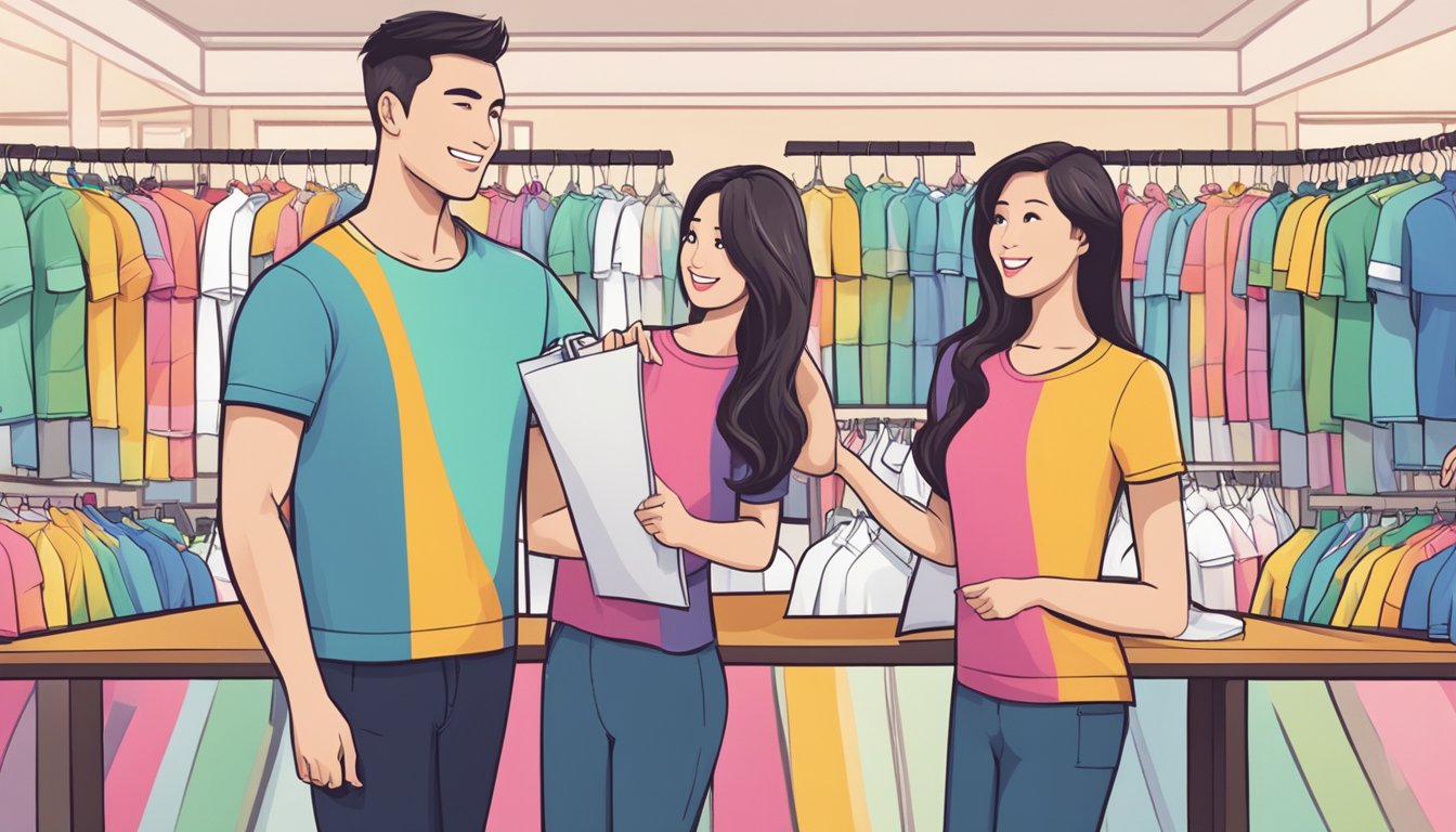 A couple standing in front of a display of colorful couple tees, with a salesperson assisting them in a boutique in Singapore
