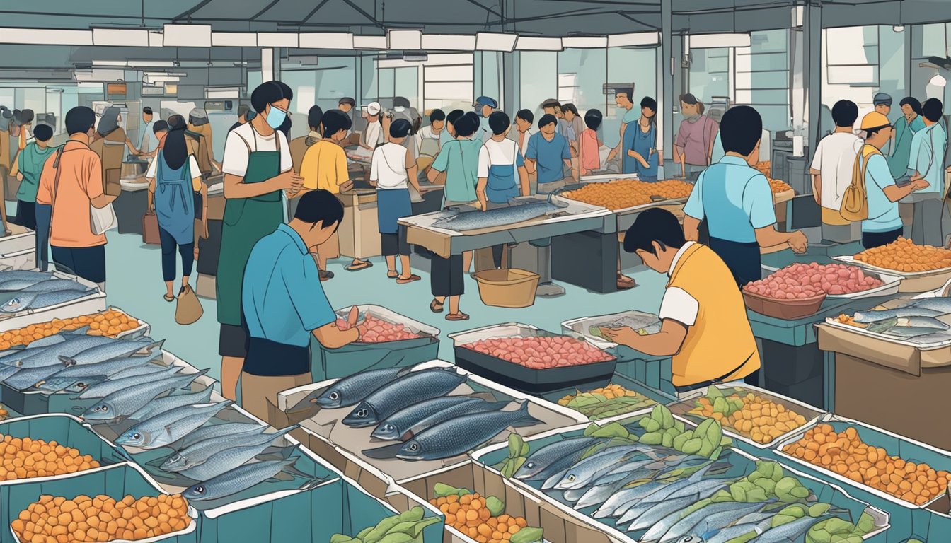 A bustling fish market in Singapore with vendors displaying fresh saba fish on ice, customers browsing and making purchases