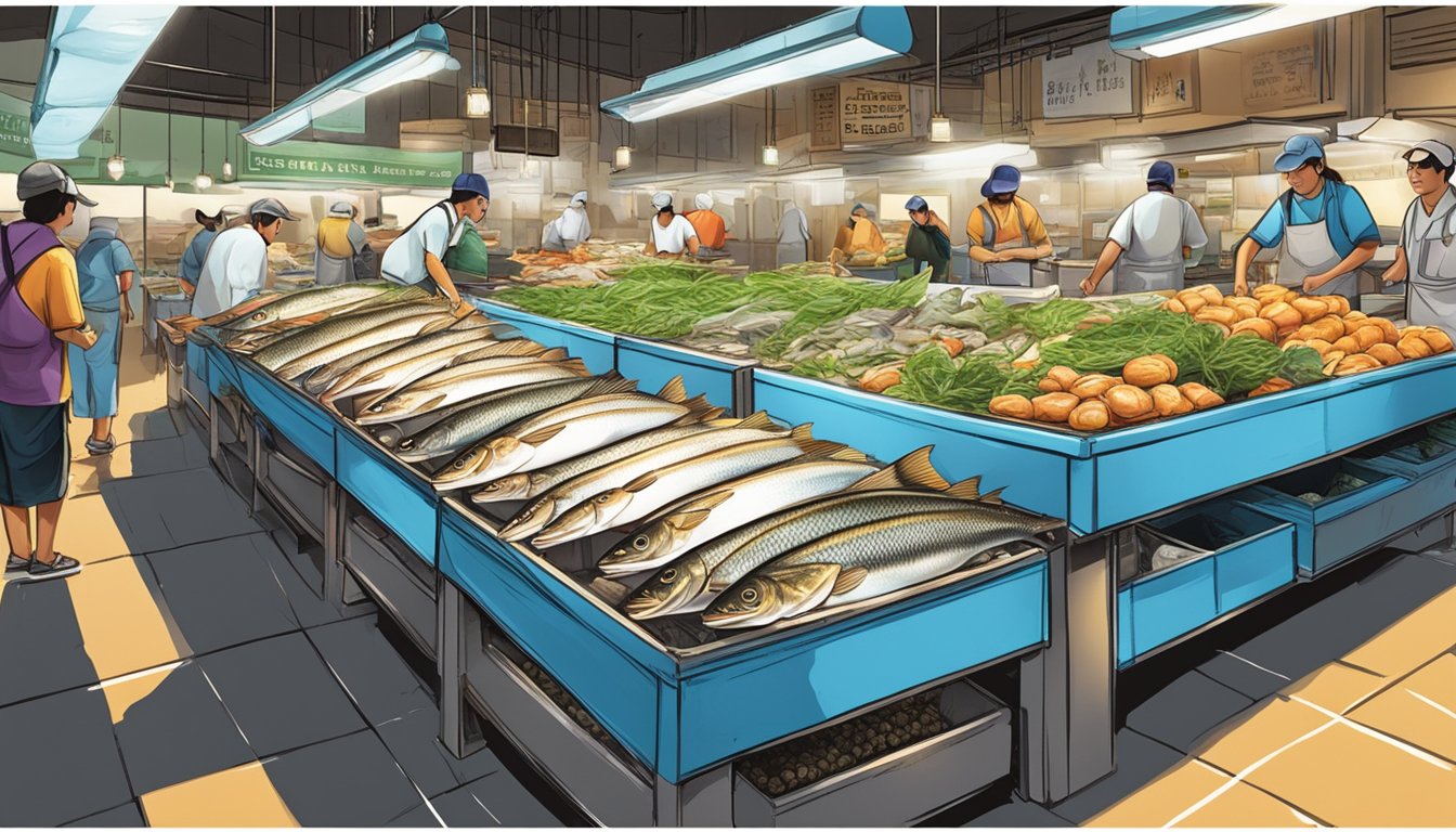 A bustling Singapore fish market displays fresh Saba fish, gleaming under the bright lights, ready for purchase
