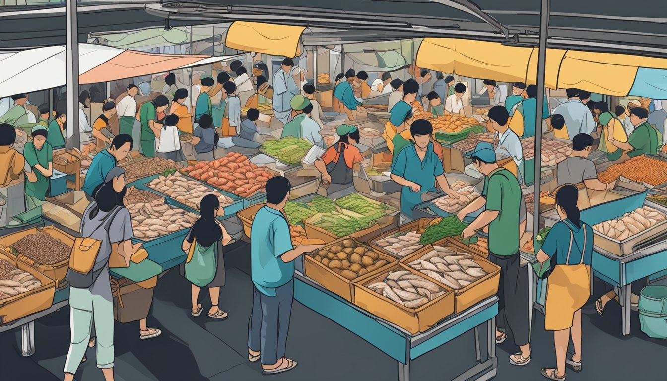 A bustling seafood market in Singapore, with stalls filled with fresh saba fish. Customers eagerly asking vendors about purchasing options