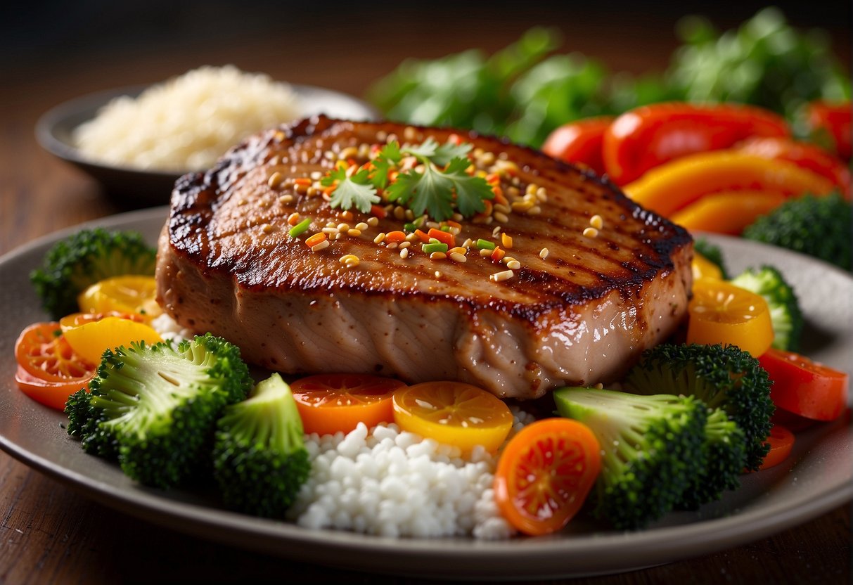A sizzling pork chop with savory Chinese spices, surrounded by vibrant vegetables and steaming rice