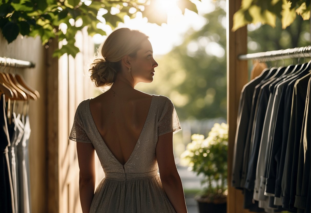 A figure stands in front of a closet, contemplating between a flowy dress and a tailored suit for an outdoor graduation ceremony. The sun shines brightly, and a gentle breeze rustles the leaves of nearby trees