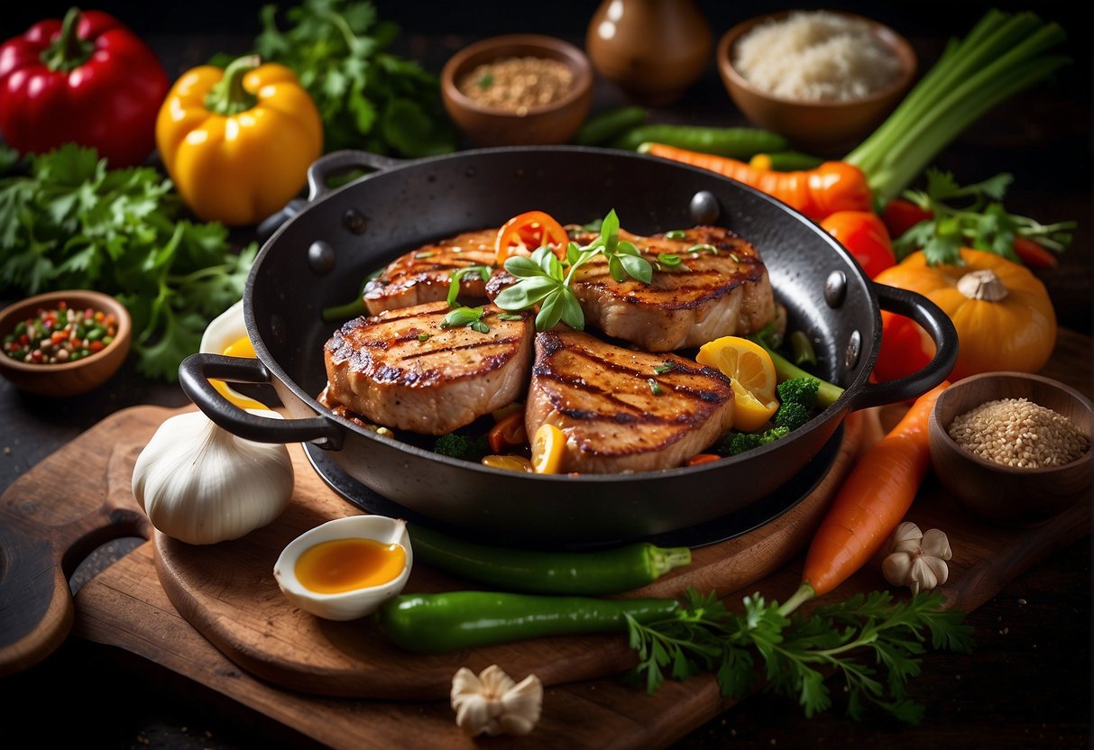A sizzling pork chop frying in a wok with ginger, garlic, soy sauce, and spices, surrounded by a colorful array of Chinese vegetables and herbs