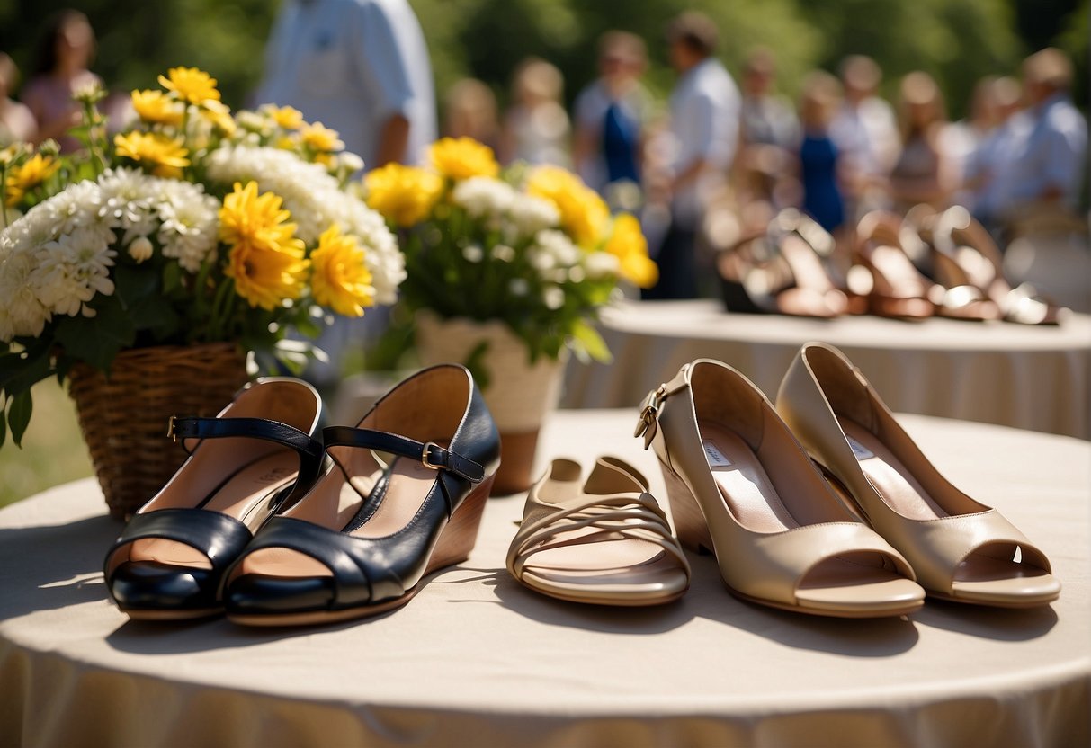 A table with various footwear options laid out, including sandals, dress shoes, and wedges, set against a backdrop of a sunny outdoor graduation ceremony