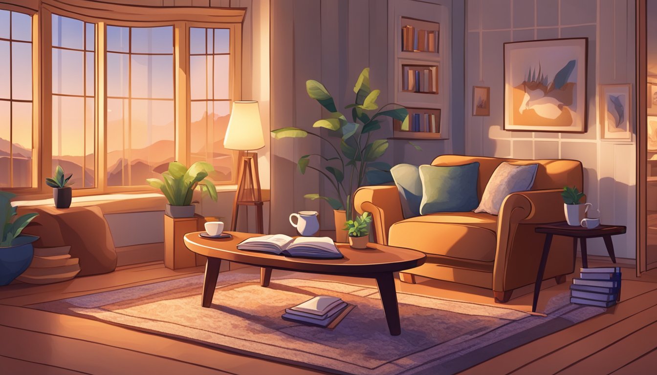 A cozy living room with a plush accent chair, surrounded by warm lighting and a decorative rug. A side table with a book and a cup of tea completes the inviting scene