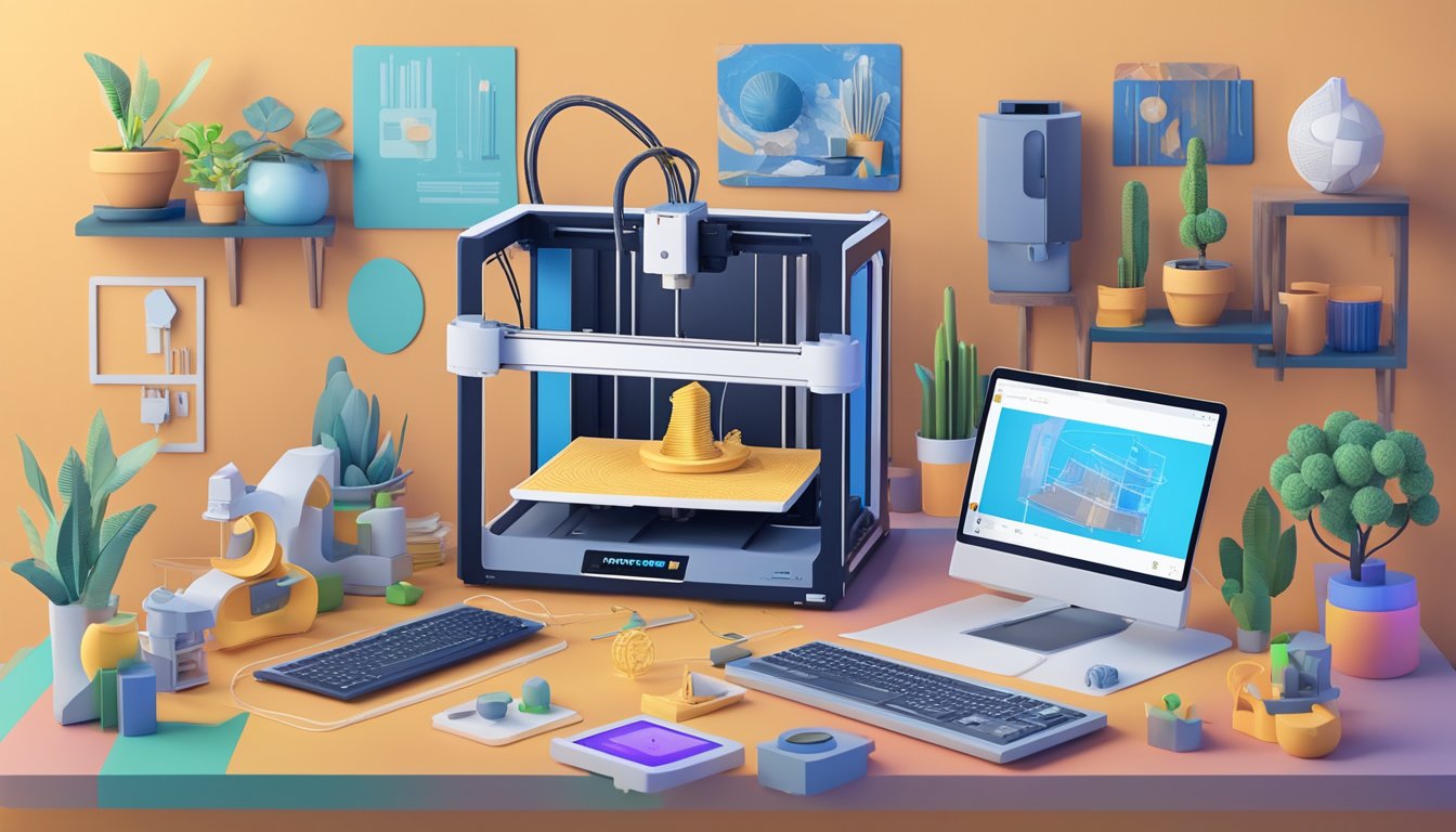 A 3D printer creating intricate models, surrounded by various digital designs and a computer screen displaying an online marketplace for 3D models