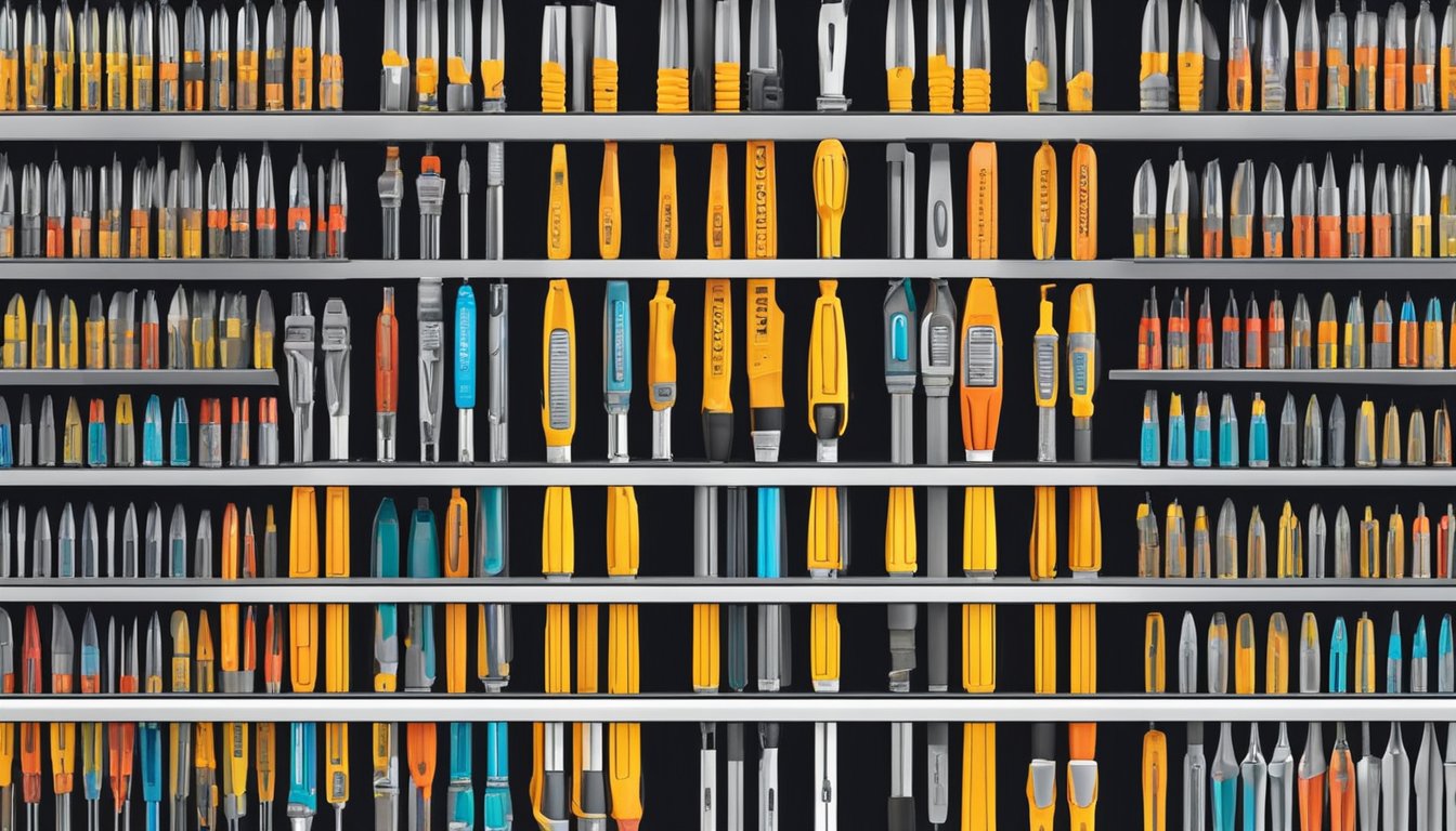 Vibrant display of screwdrivers on shelves in a well-lit hardware store in Singapore. Various sizes and types available for purchase