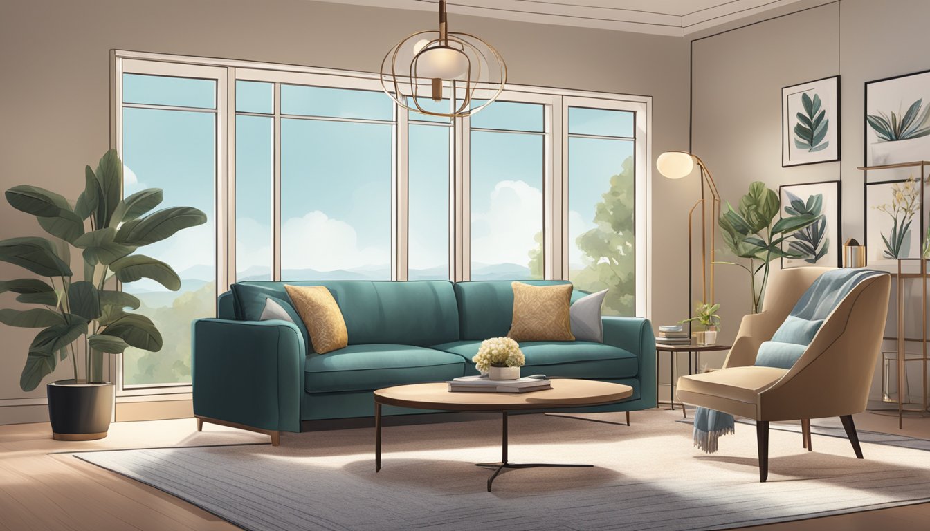 A cozy living room with a sleek accent chair placed near a window, surrounded by stylish decor and soft lighting