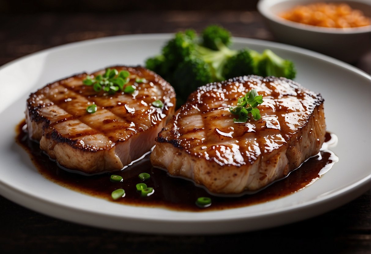 A chef marinates pork chops in soy sauce, ginger, and garlic. They then grill the chops until they are caramelized and juicy