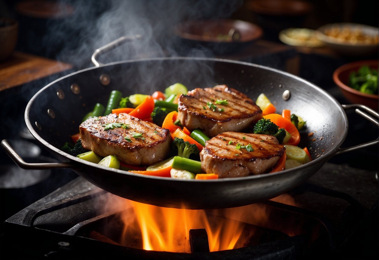 Pork chops sizzling in a hot wok, surrounded by vibrant vegetables and aromatic spices. A cloud of steam rises as the meat is flipped and seared to perfection