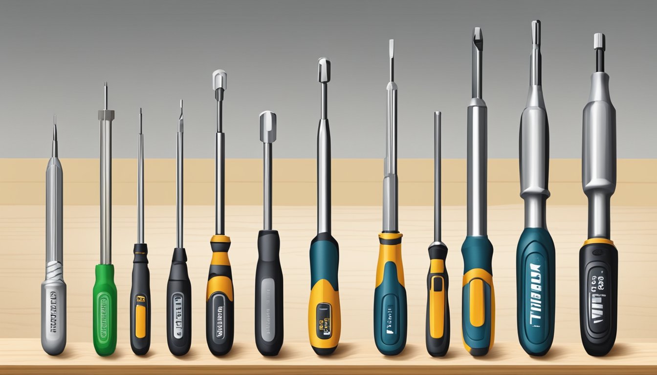 A variety of screwdrivers arranged on a workbench, including flathead, Phillips, and Torx types. A hardware store sign in the background
