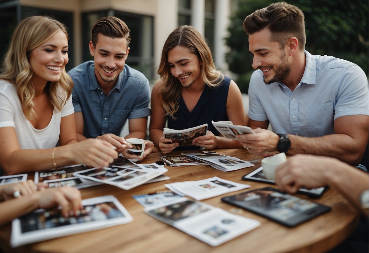 A group of friends sit around a table, discussing what to wear for an outdoor graduation ceremony. They look through magazines and online for inspiration