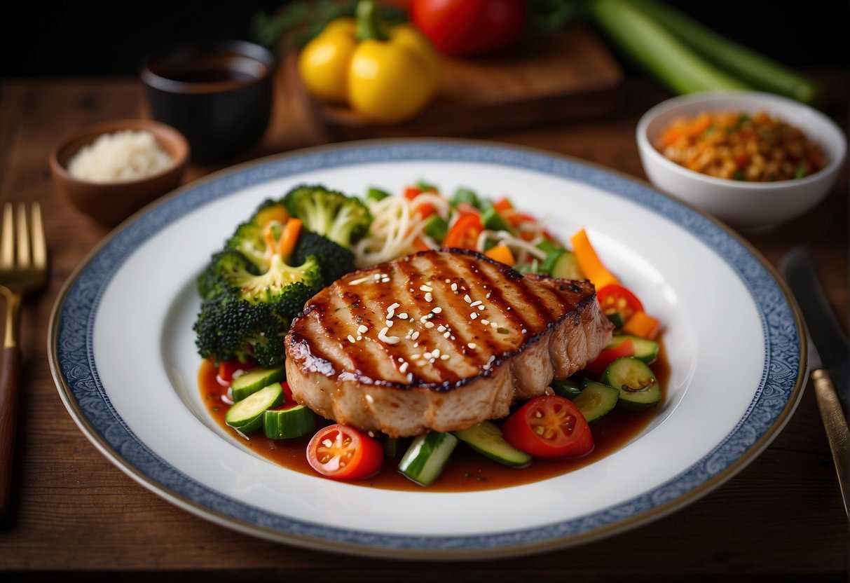 A sizzling pork chop surrounded by colorful stir-fried vegetables and drizzled with a savory Chinese-style sauce, with a small plate displaying the nutritional information next to it