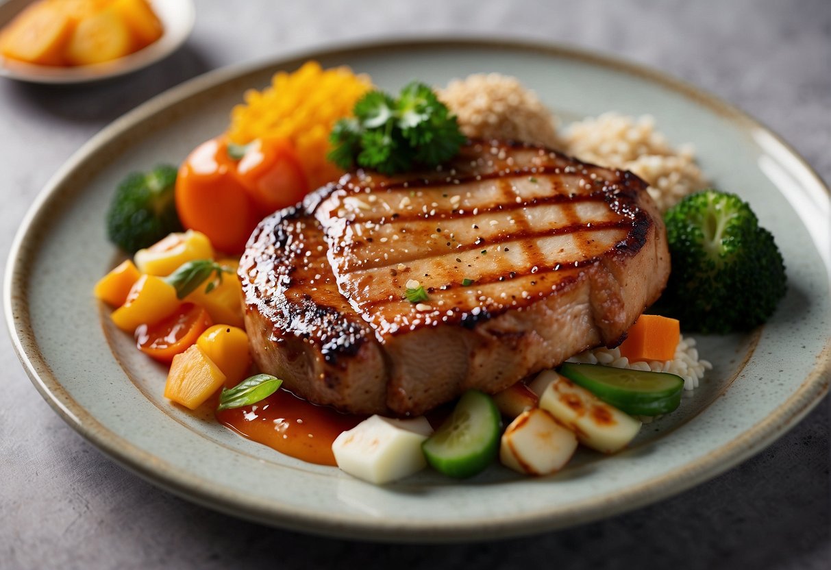 A sizzling pork chop is surrounded by colorful Chinese-style accompaniments on a decorative plate