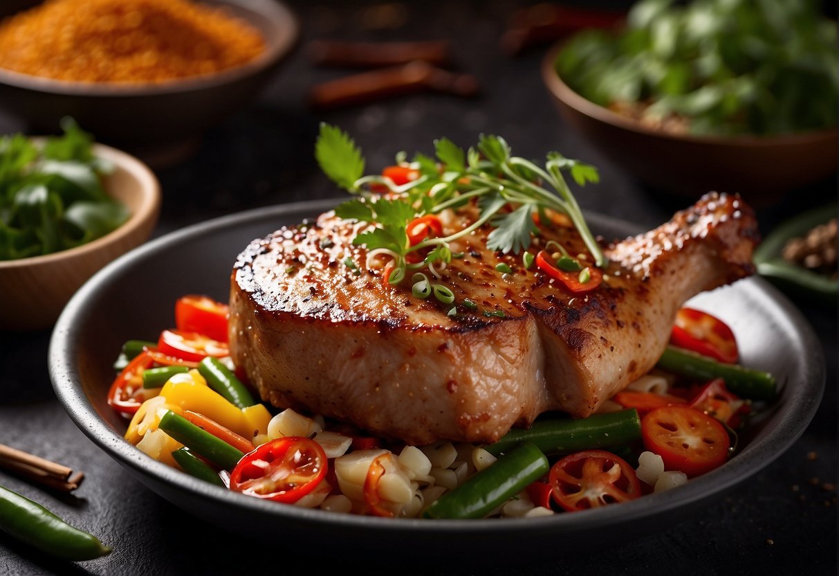 A sizzling pork chop surrounded by vibrant Chinese spices and herbs, with a steaming wok in the background