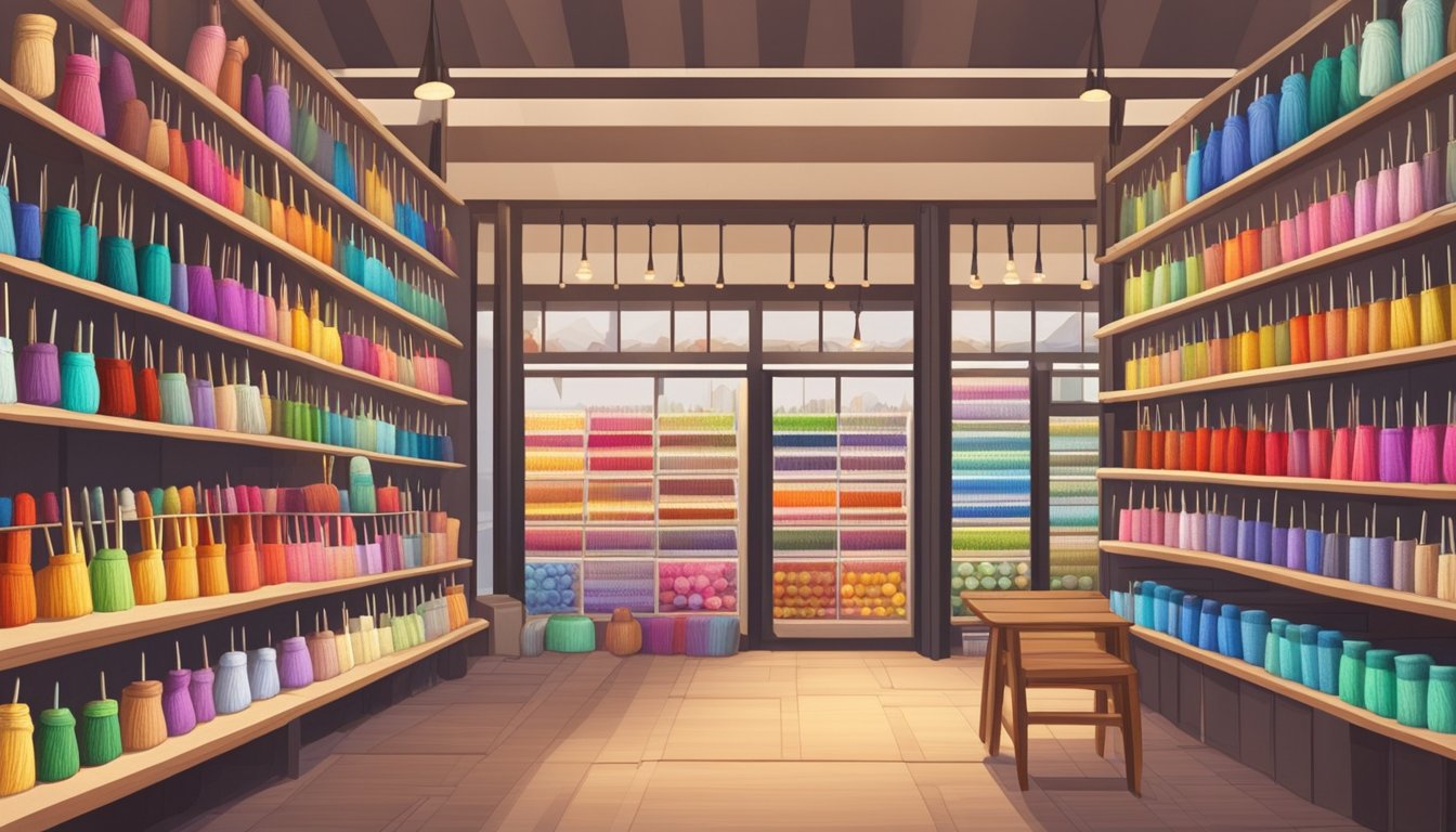 A cozy craft store in Singapore displays a variety of crochet hooks on shelves, with colorful yarn spools nearby